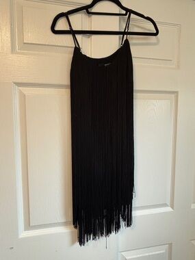 JAYGODFREY Black Ribbed V-Neck Dress with Fringe Trim